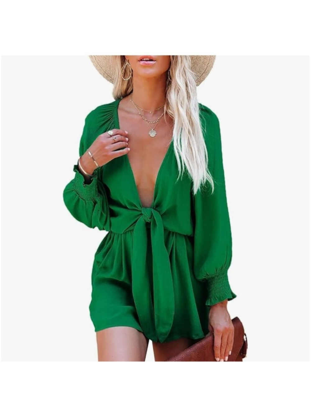 NEW Green Tie Knot Front V Neck Short Rompers M